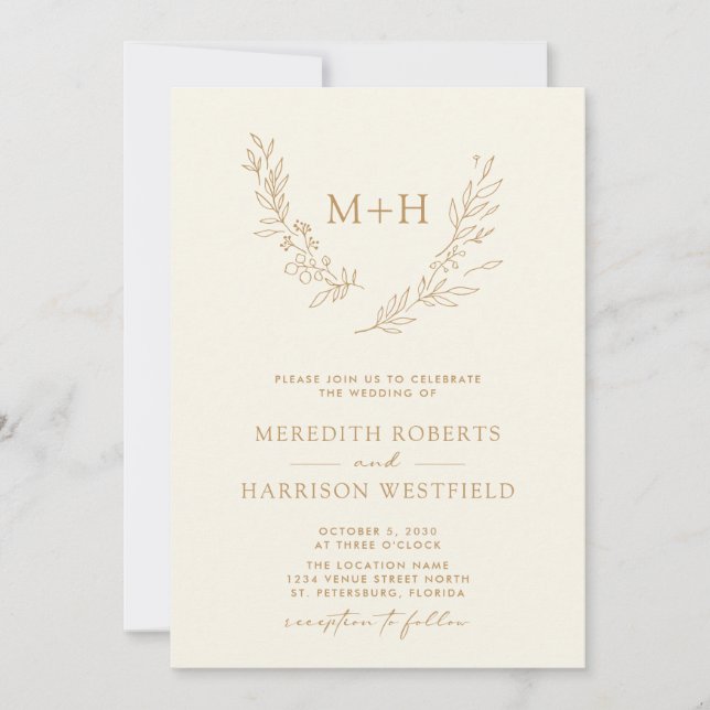 Monogram Wreath QR Code Gold on Cream Wedding Invitation (Front)
