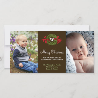 Monogram wreath red green merry Christmas greeting Holiday Card
