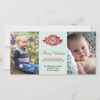 Monogram wreath red mint merry Christmas greeting Holiday Card