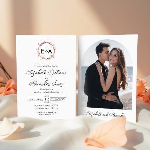 Monogram Wreath Rose Gold Foil Photo Wedding Invitation
