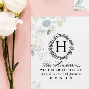 Monogram Wreath Script Family Name Return Address Rubber Stamp