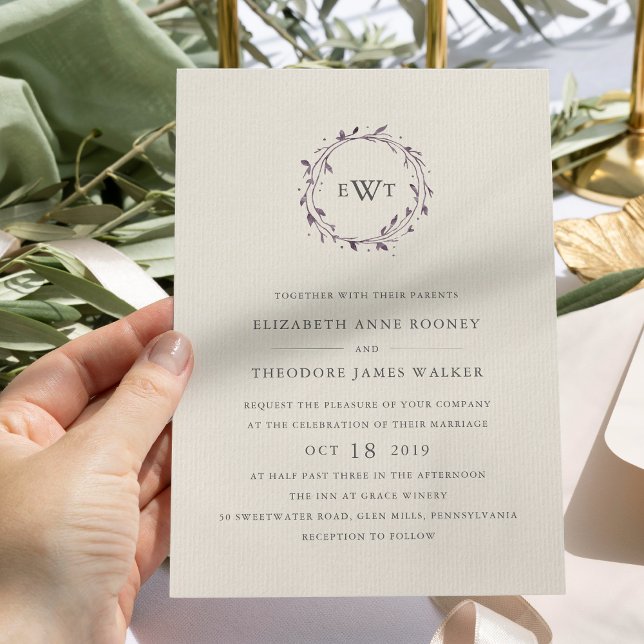 Monogram Wreath Wedding Invitation | Plum (Creator Uploaded)