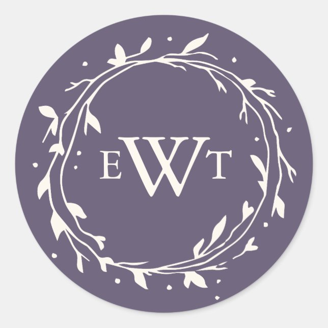 Monogram Wreath Wedding Stickers | Plum (Front)