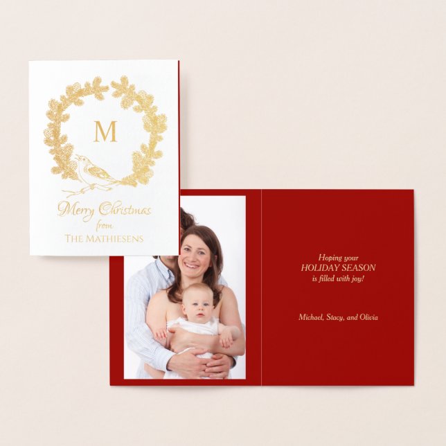 Monogram Wreath with Bird Gold Foil Christmas Foil Card (Display)