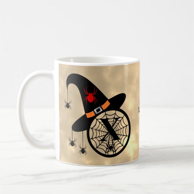 Monogram X Halloween Sky Witch Spiders Name Coffee Mug (Left)