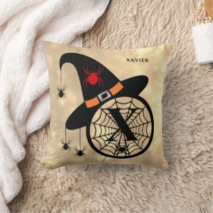 Monogram X Halloween Sky Witch Spiders Name Cushion