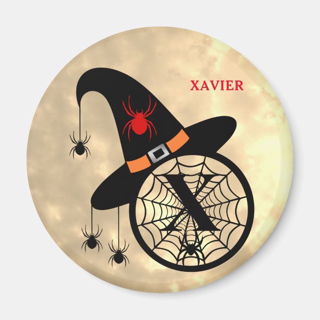 Monogram X Halloween Sky Witch Spiders Name Magnet (Front)
