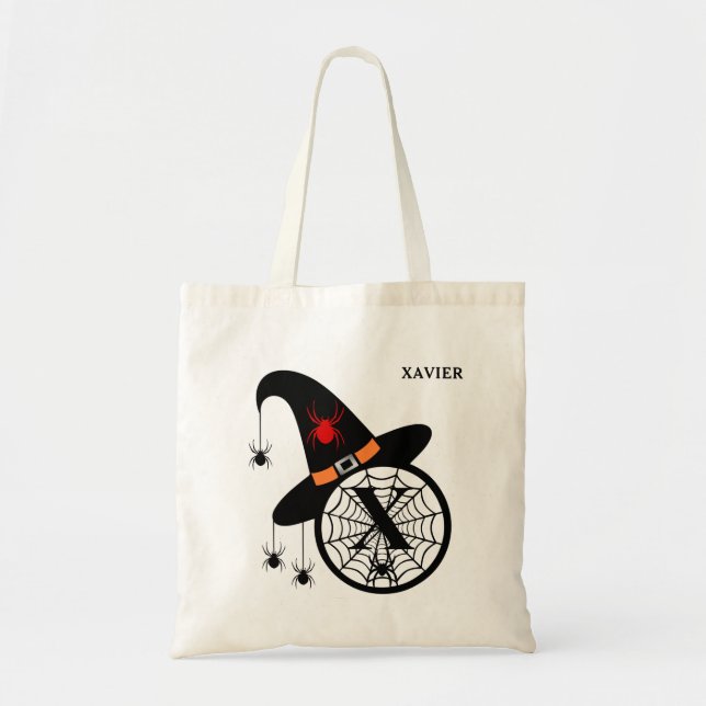 Monogram X Halloween Witch Spiders Your Name Tote Bag (Front)