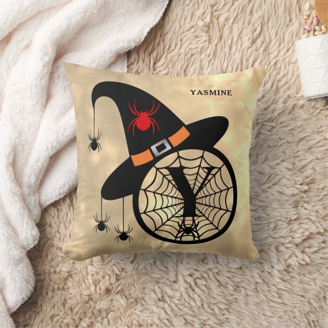 Monogram Y Halloween Sky Witch Spiders Name Cushion (Blanket)