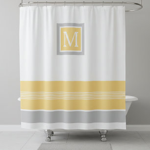 Monogram Yellow and Grey Striped Border Shower Curtain