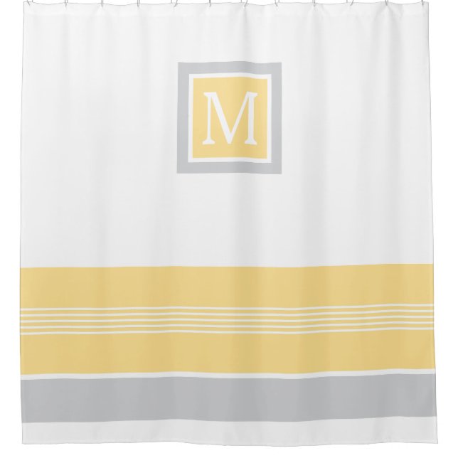 Monogram Yellow and Grey Striped Border Shower Curtain (Front)