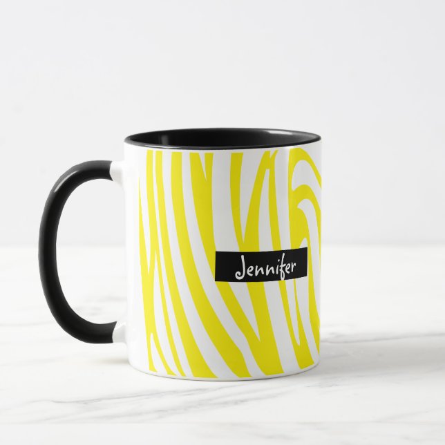 Monogram Yellow and White Striped Zebra Pattern  Mug (Left)