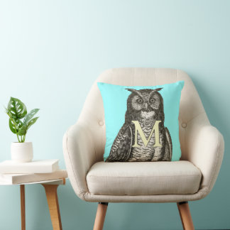 Monogram Yellow Aqua Grey Vintage Owl Illustration Cushion