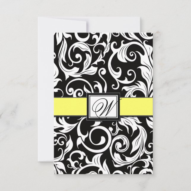 Monogram Yellow & Black Damask Wedding RSVP Cards (Front)