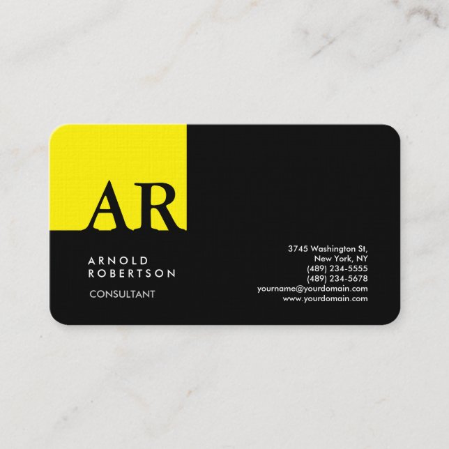 Monogram Yellow Black Modern Linen Business Card (Front)