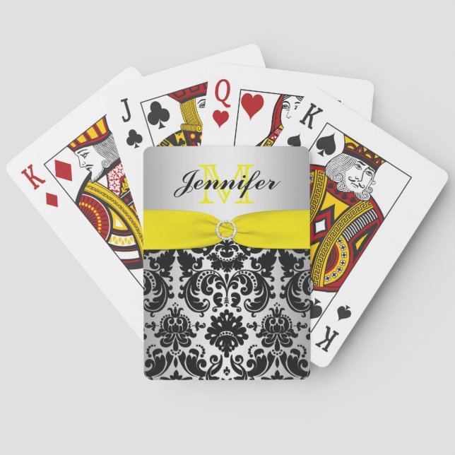 Monogram Yellow Black Silver Damask Playing Cards (Back)