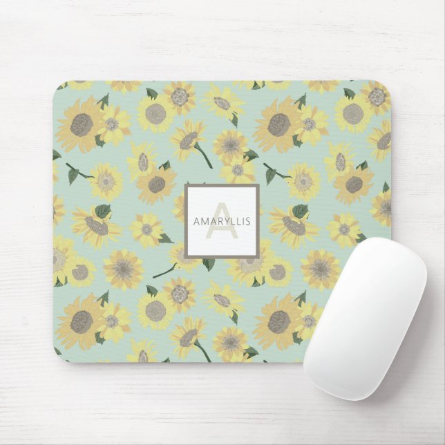  Monogram Yellow Blue Sunflower Flowers Mouse Mat (With Mouse)