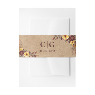 Monogram Yellow & Burgundy Fall Floral Wedding Invitation Belly Band