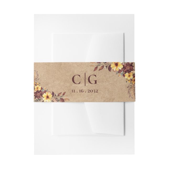 Monogram Yellow & Burgundy Fall Floral Wedding Invitation Belly Band (Front Example)