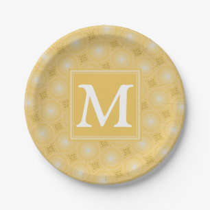 Monogram yellow circles pattern paper plate