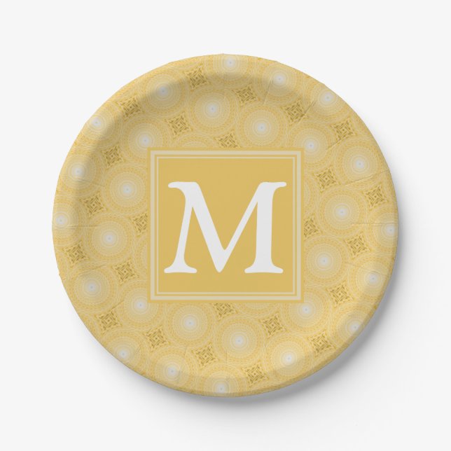 Monogram yellow circles pattern paper plate (Front)