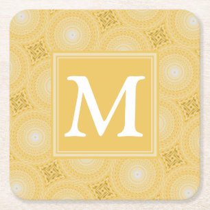 Monogram yellow circles pattern square paper coaster