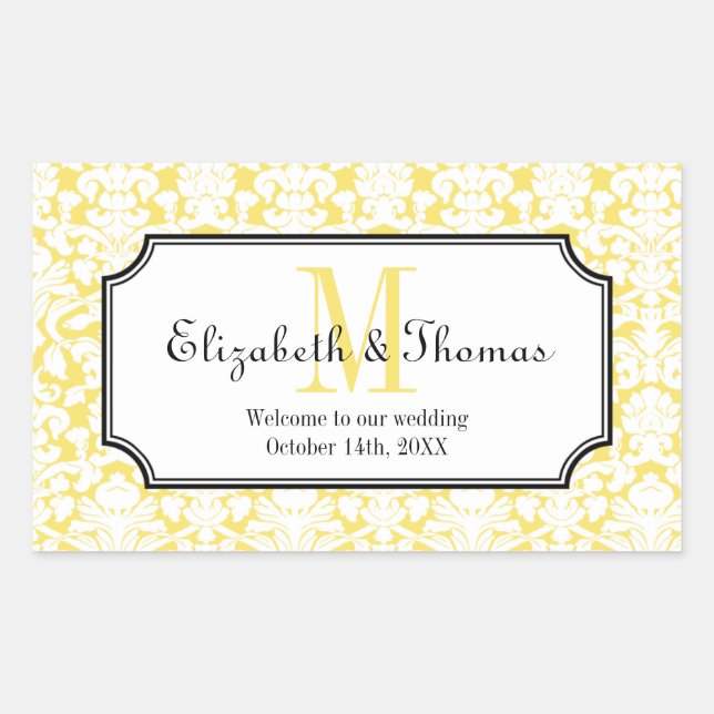 Monogram yellow damask frame out of town gift bag rectangular sticker (Front)