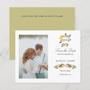 Monogram Yellow Floral Photo Wedding SAVE THE DATE