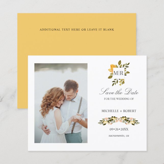 Monogram Yellow Floral Photo Wedding SAVE THE DATE (Front/Back)