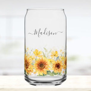 Monogram Yellow Flower Sunflower Floral Botanical Can Glass
