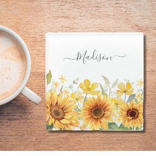 Monogram Yellow Flower Sunflower Floral Botanical Glass Coaster