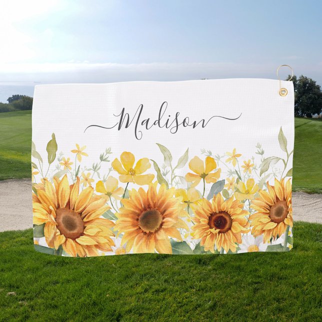 Monogram Yellow Flower Sunflower Floral Botanical Golf Towel (In situ)
