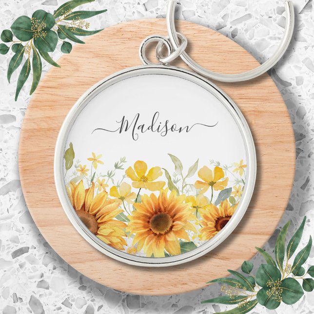 Monogram Yellow Flower Sunflower Floral Botanical Key Ring (Close up)