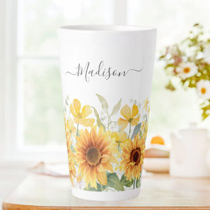 Monogram Yellow Flower Sunflower Floral Botanical Latte Mug