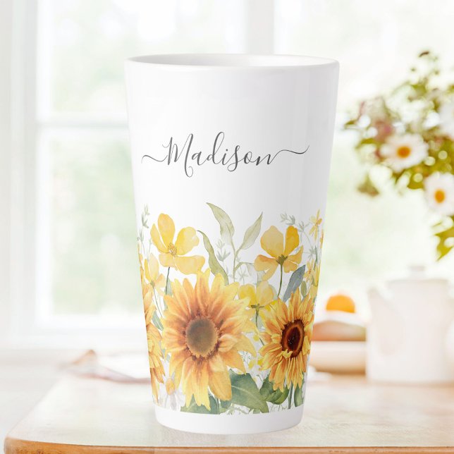 Monogram Yellow Flower Sunflower Floral Botanical Latte Mug (In situ)