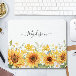 Monogram Yellow Flower Sunflower Floral Botanical Mouse Mat