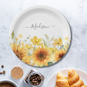 Monogram Yellow Flower Sunflower Floral Botanical Paper Plate