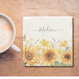 Monogram Yellow Flower Sunflower Floral Botanical Stone Coaster
