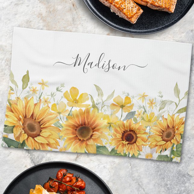 Monogram Yellow Flower Sunflower Floral Botanical Tea Towel (In situ)