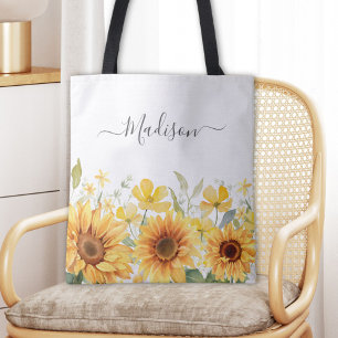 Monogram Yellow Flower Sunflower Floral Botanical Tote Bag