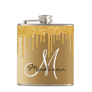 Monogram Yellow Gold Glitter Drips Girly Hip Flask