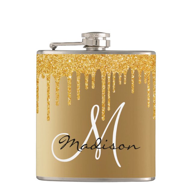 Monogram Yellow Gold Glitter Drips Girly Hip Flask (Front)