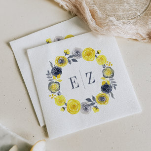 Monogram Yellow Grey Boho Floral Wreath Wedding Napkin