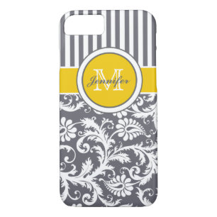 Monogram Yellow Grey White Striped Damask iPhone 8/7 Case