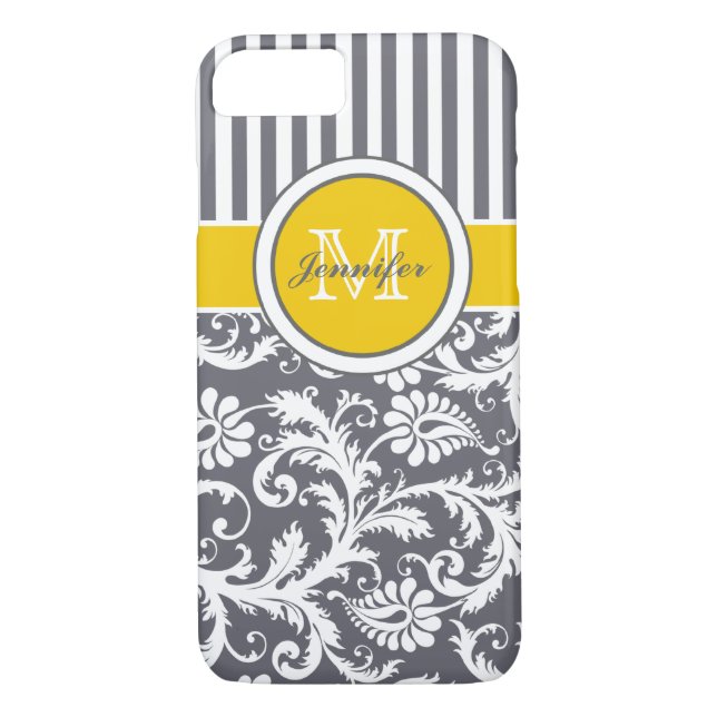 Monogram Yellow Grey White Striped Damask Case-Mate iPhone Case (Back)