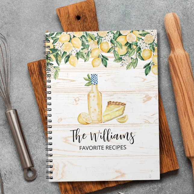 Monogram Yellow Lemon Tree White Wood Recipe Notebook (In situ)
