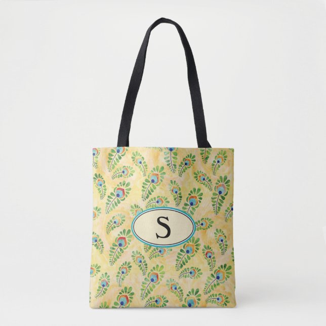 Monogram Yellow Peacock Blue Pattern Reusable Tote Bag (Front)
