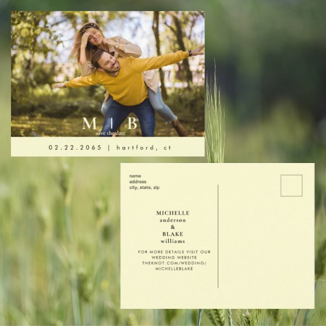 Monogram Yellow Photo Wedding Save the Date  Postcard (Creator Uploaded)