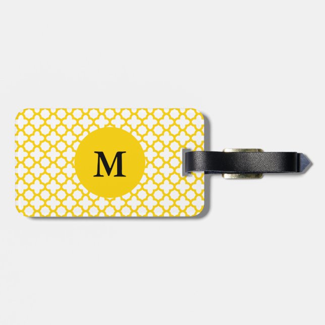 Monogram Yellow Quatrefoil Pattern Luggage Tag (Back Horizontal)