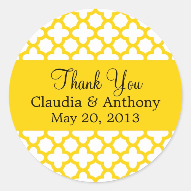 Monogram Yellow Quatrefoil Pattern Thank You Classic Round Sticker (Front)
